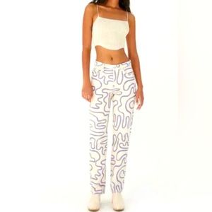 Zara Cream and Purple Funky Abstract Print Straight Leg Jeans Sz 0